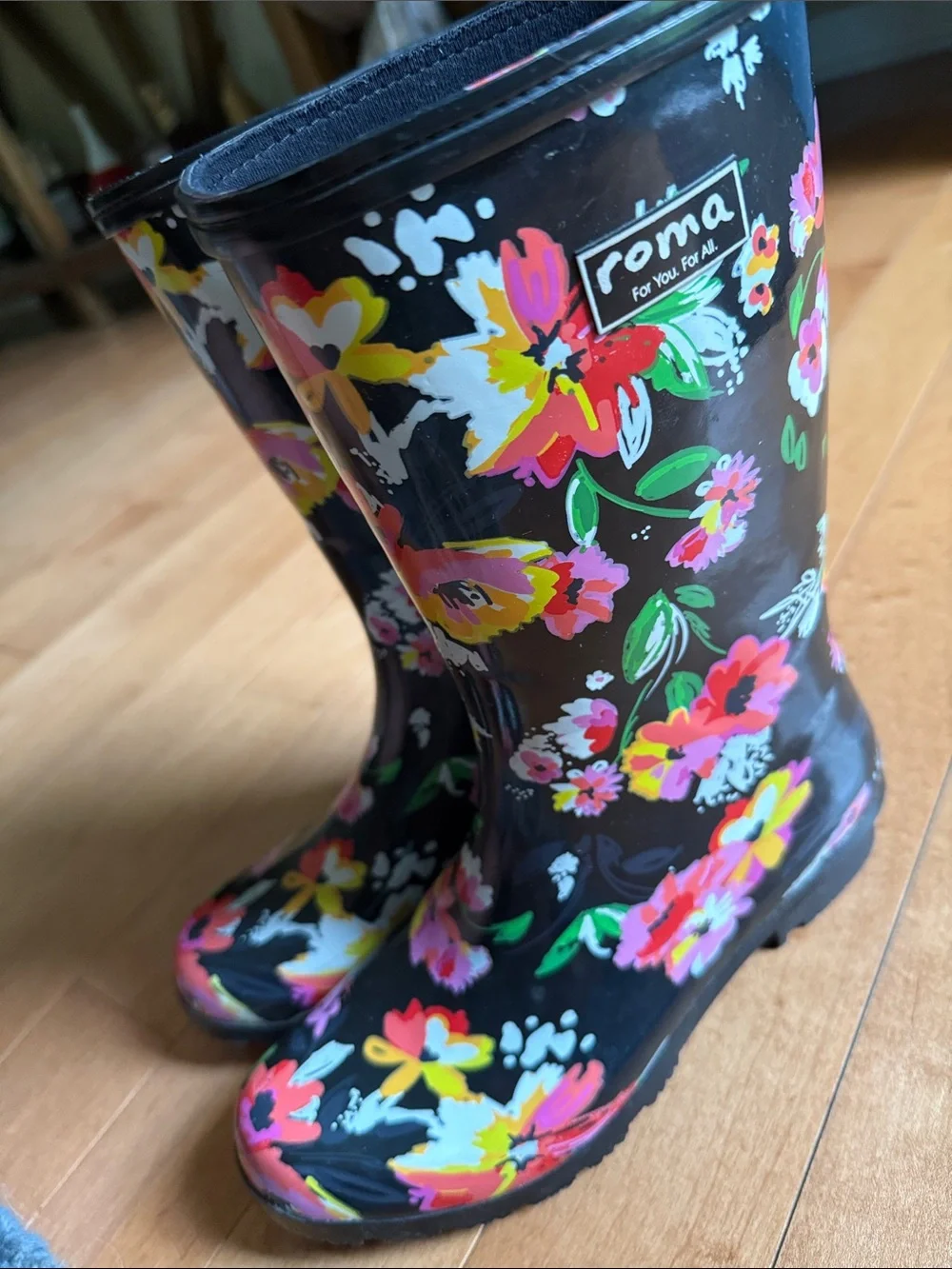 Roma Black Floral Women's Rain Boots